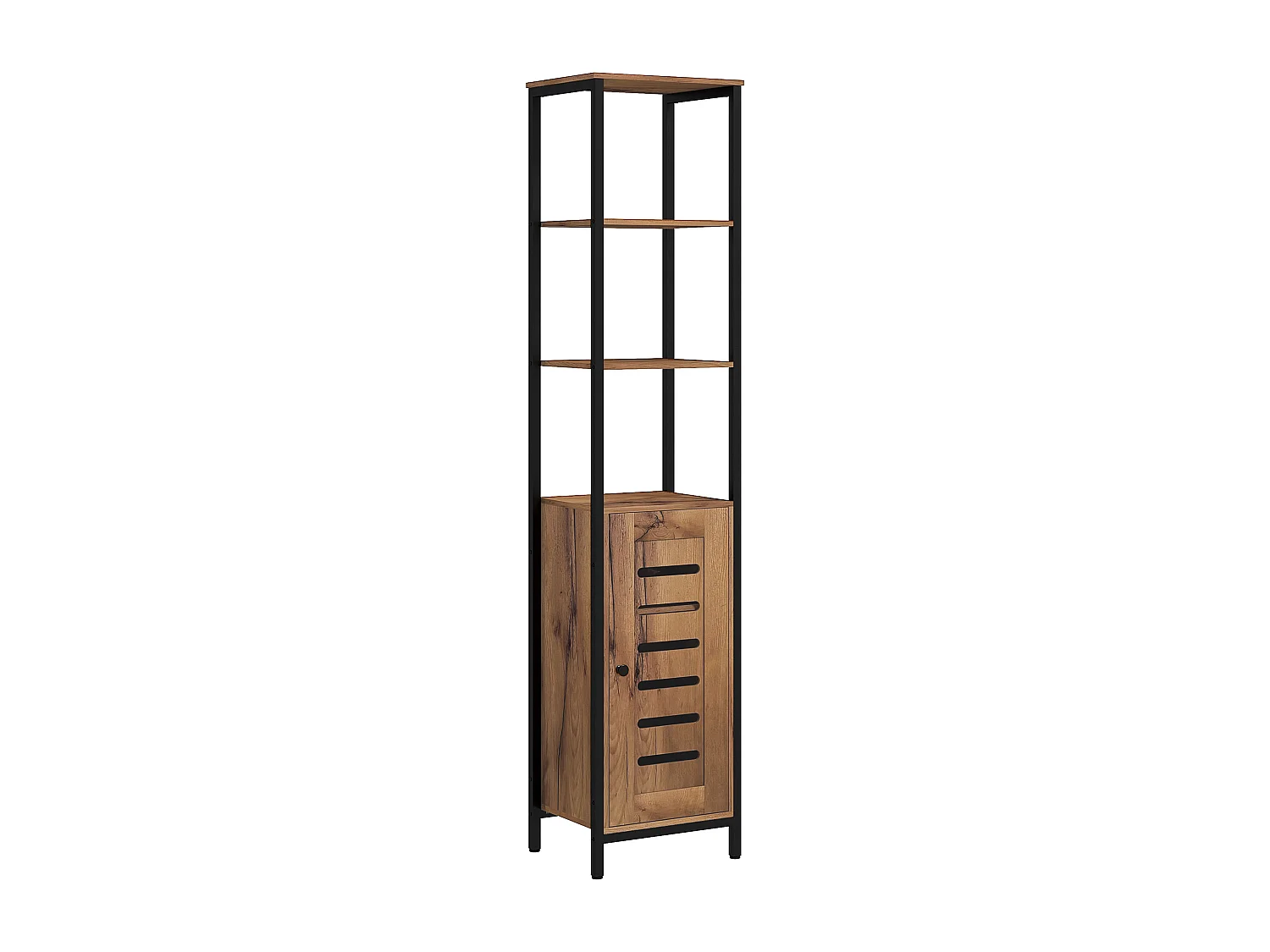 Meuble colonne rangement salle de bain style cosy dim. 37L x 30l x 167H cm 3 étagères porte ajourée acier noir aspect bois
