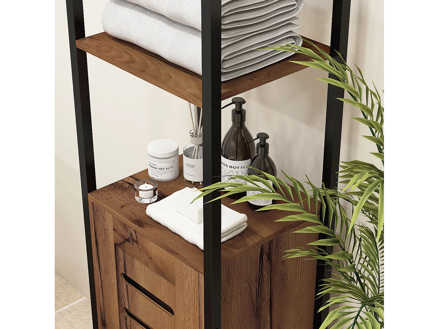 Meuble colonne rangement salle de bain style cosy dim. 37L x 30l x 167H cm 3 étagères porte ajourée acier noir aspect bois