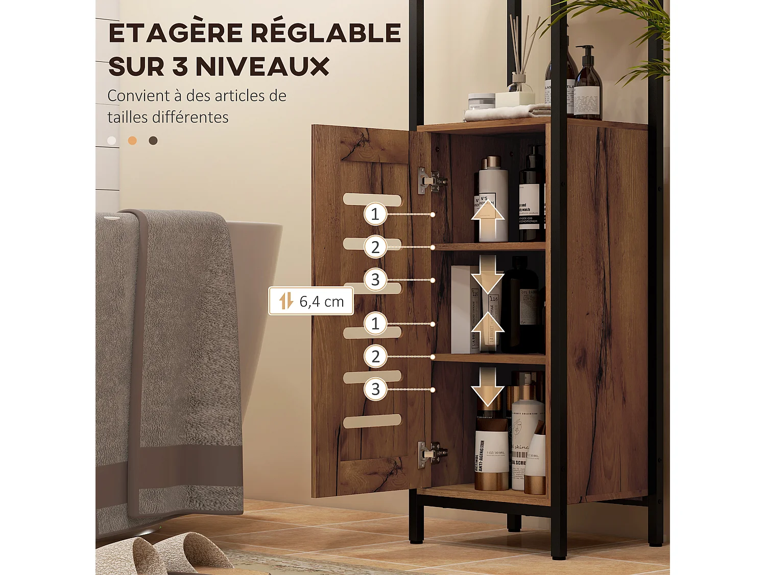 Meuble colonne rangement salle de bain style cosy dim. 37L x 30l x 167H cm 3 étagères porte ajourée acier noir aspect bois