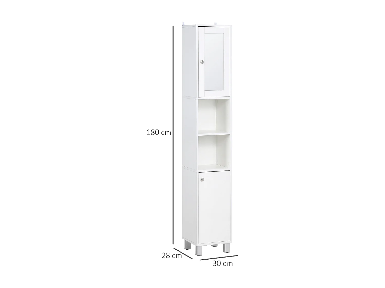 Meuble colonne de salle de bain 2 portes 2 étagères réglables 2 niches miroir piètement poignées métal panneaux blanc