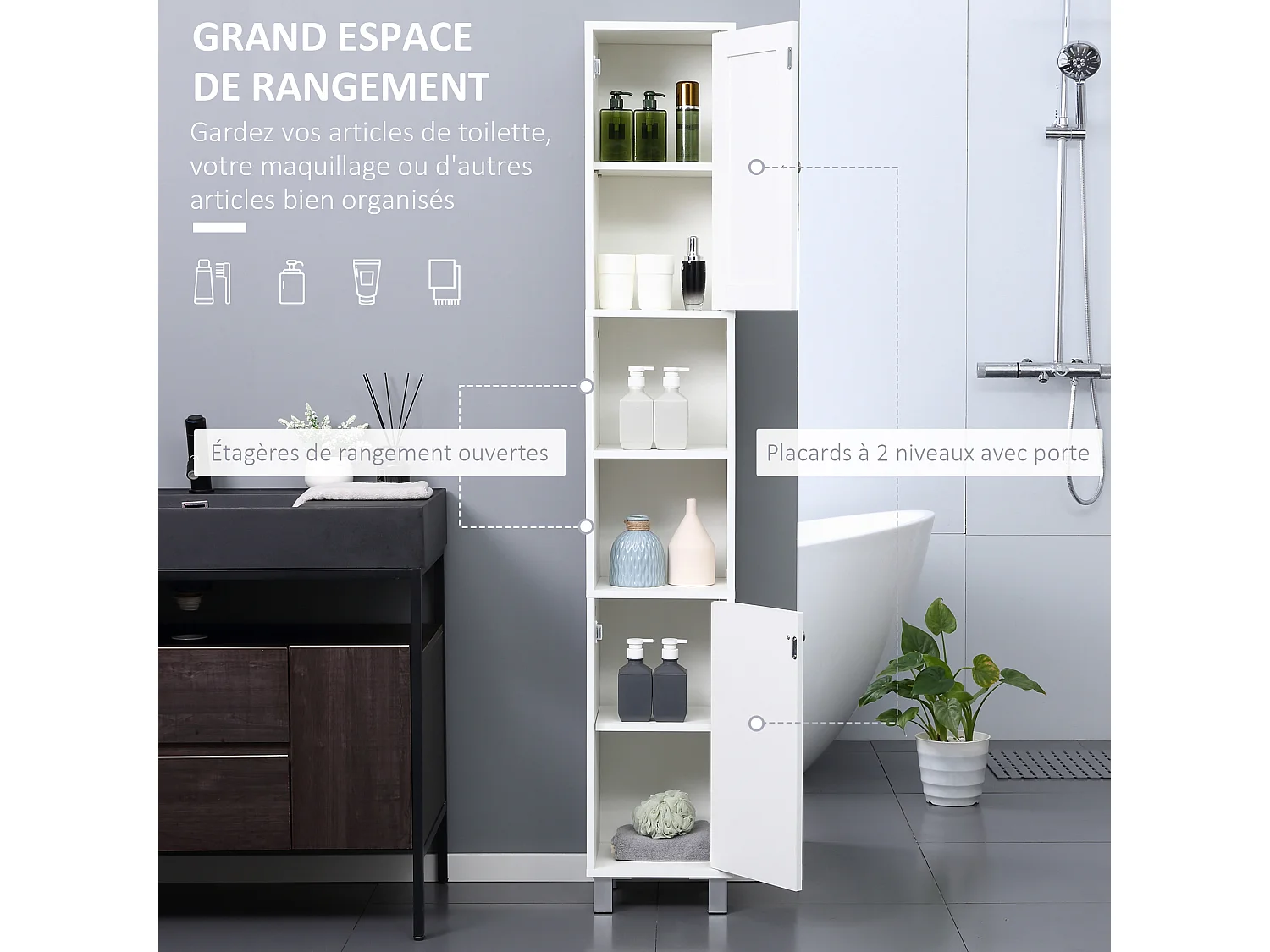 Meuble colonne de salle de bain 2 portes 2 étagères réglables 2 niches miroir piètement poignées métal panneaux blanc