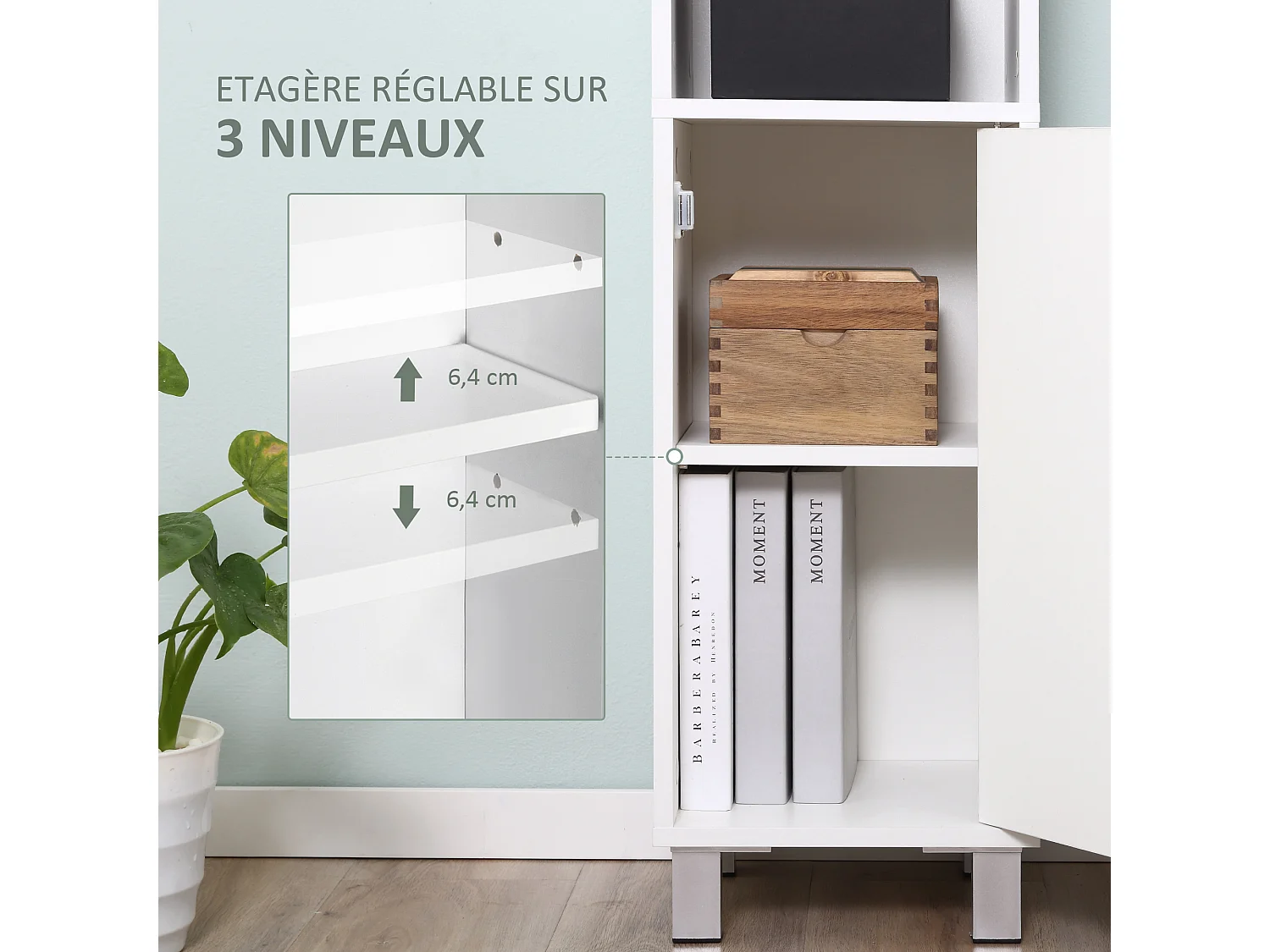 Meuble colonne de salle de bain 2 portes 2 étagères réglables 2 niches miroir piètement poignées métal panneaux blanc