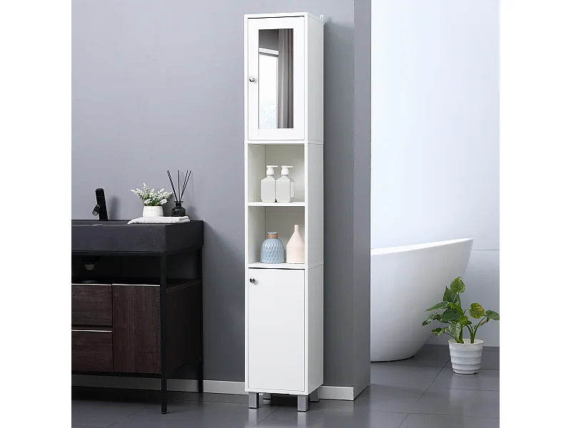 Meuble colonne de salle de bain 2 portes 2 étagères réglables 2 niches miroir piètement poignées métal panneaux blanc