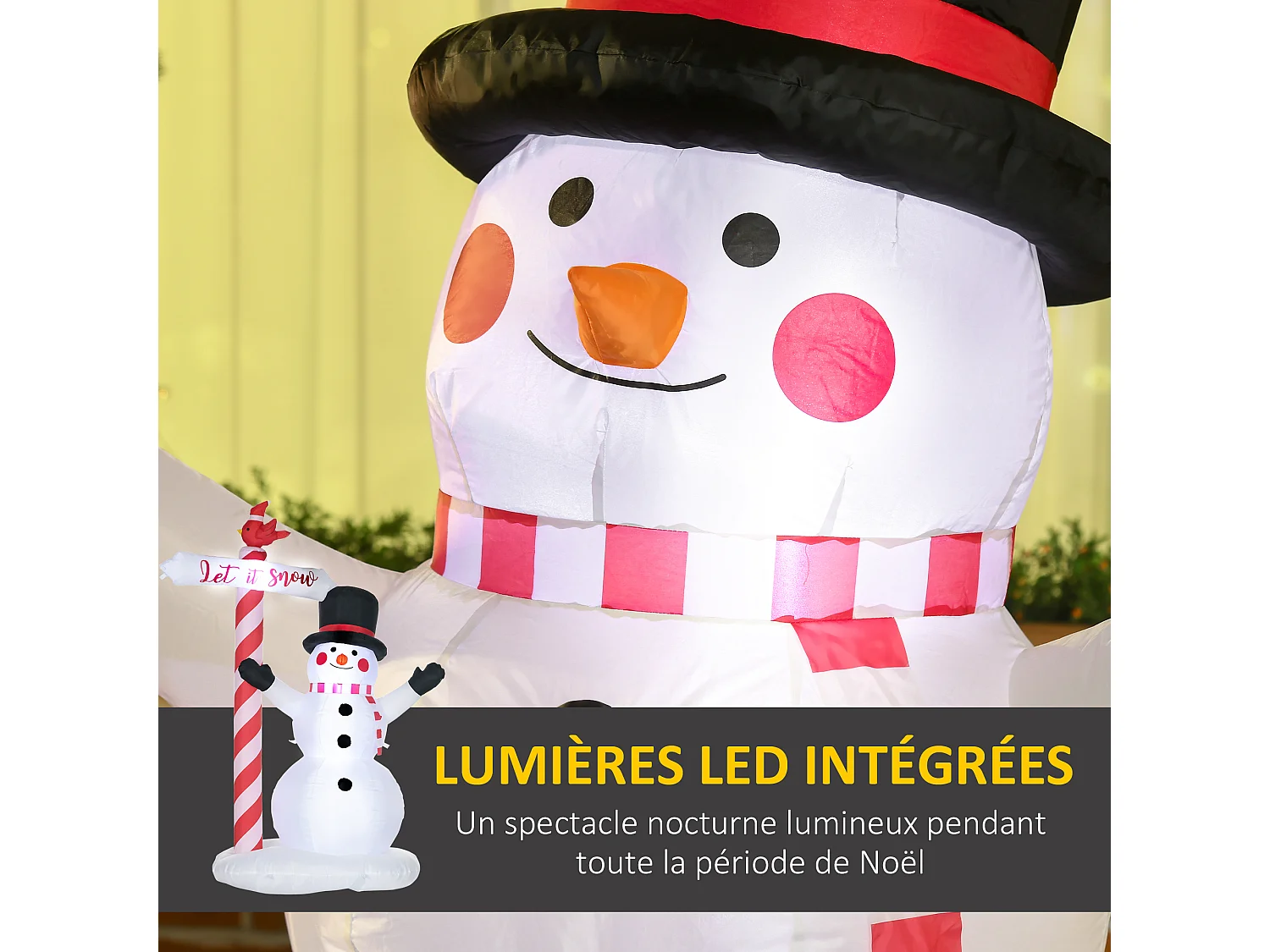 Bonhomme de neige gonflable avec pancarte 3 LED, décoration gonflable de Noël pour l'extérieur et l'intérieur, hauteur 213 cm, polyester imperméable, blanc