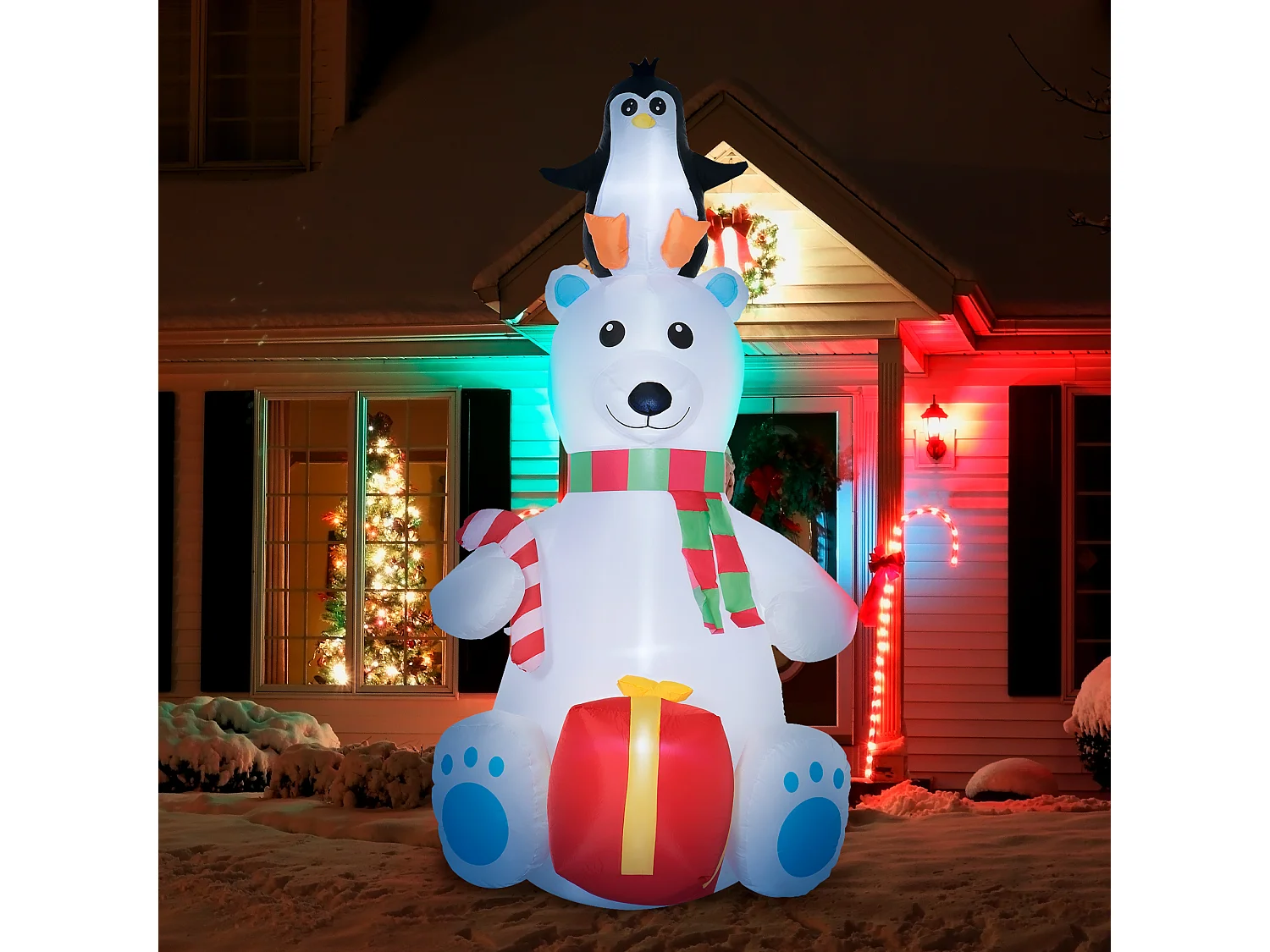 Ours polaire gonflable de Noël décoration gonflable LED de Noël 2,07H m 12 lumières LED pingouin cadeau blanc