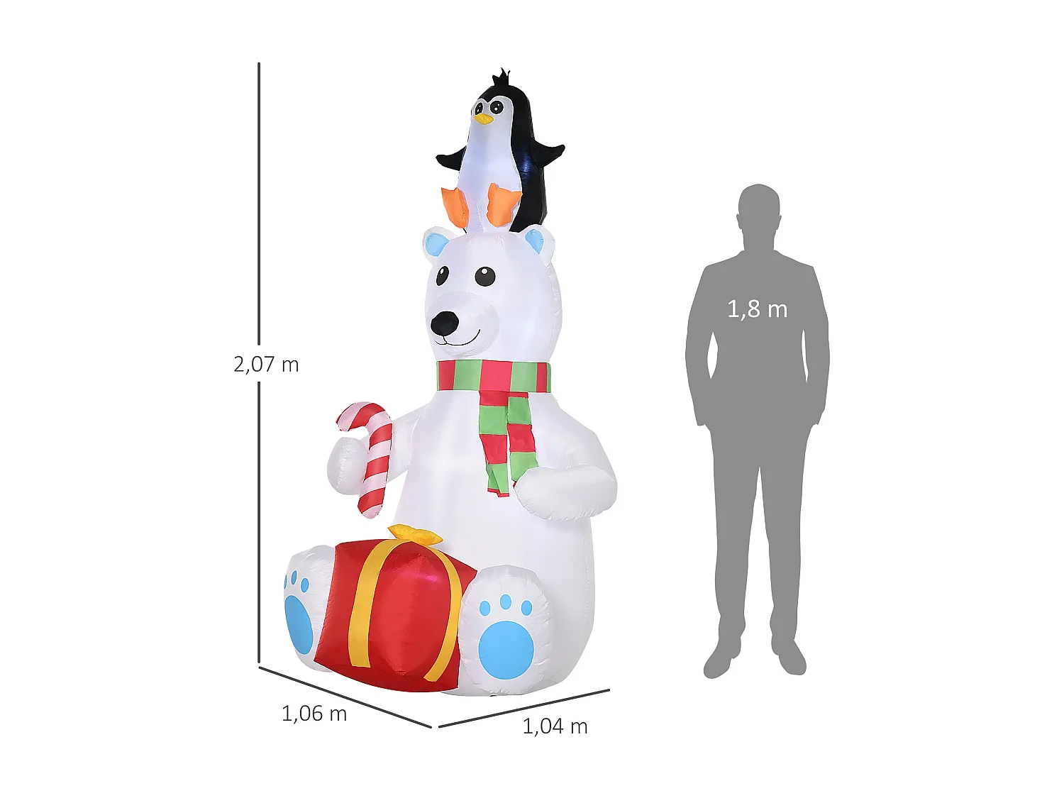 Ours polaire gonflable de Noël décoration gonflable LED de Noël 2,07H m 12 lumières LED pingouin cadeau blanc