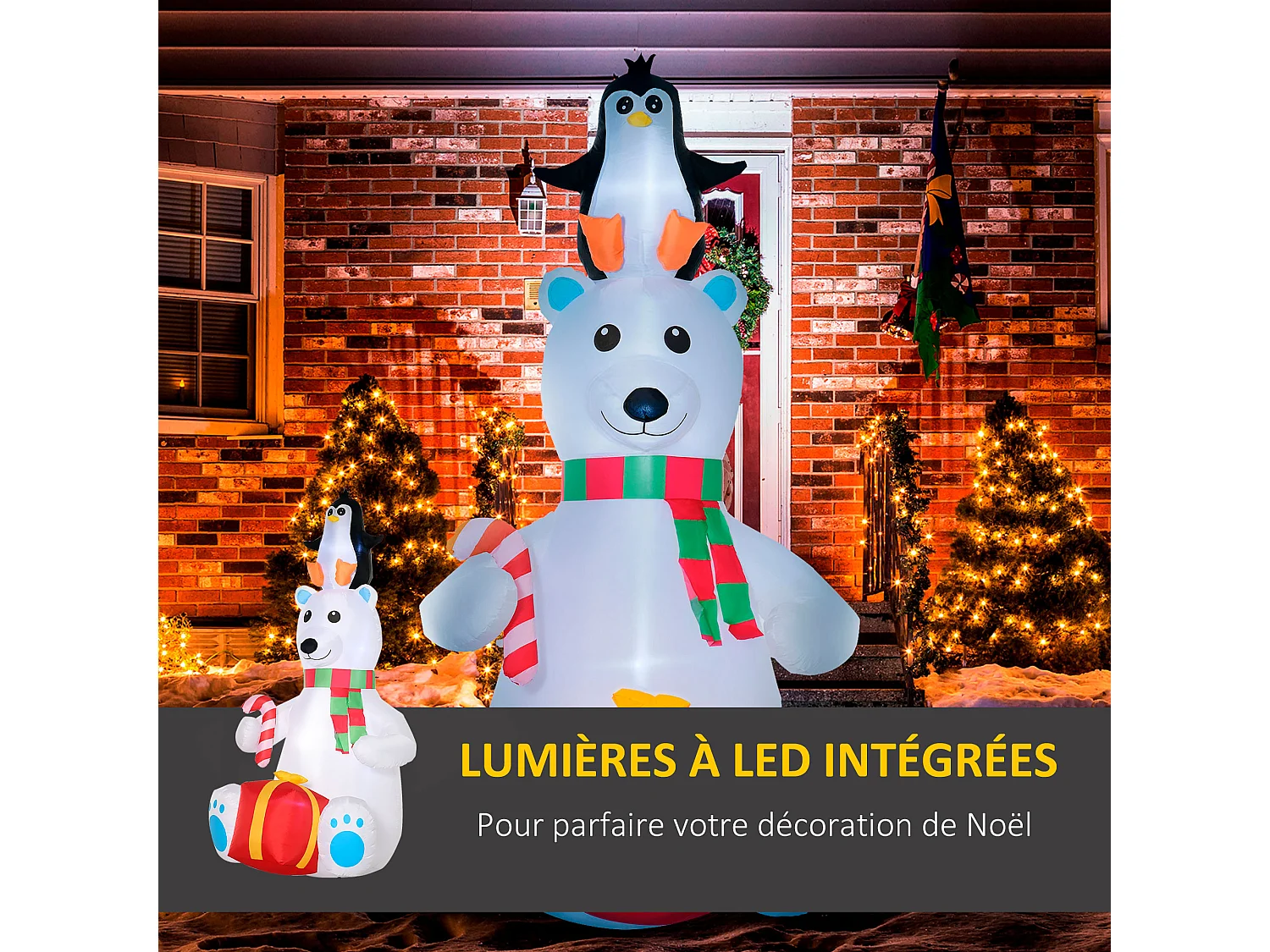 Ours polaire gonflable de Noël décoration gonflable LED de Noël 2,07H m 12 lumières LED pingouin cadeau blanc