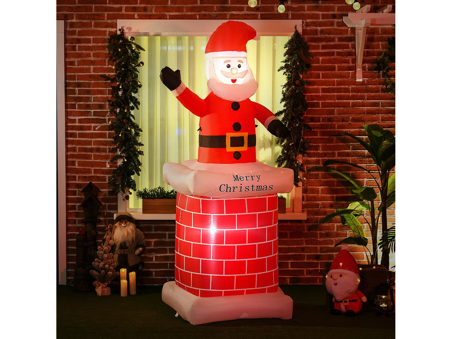 Père Noël gonflable avec cheminée lumineux LED hauteur 210 cm polyester imperméable rouge blanc noir