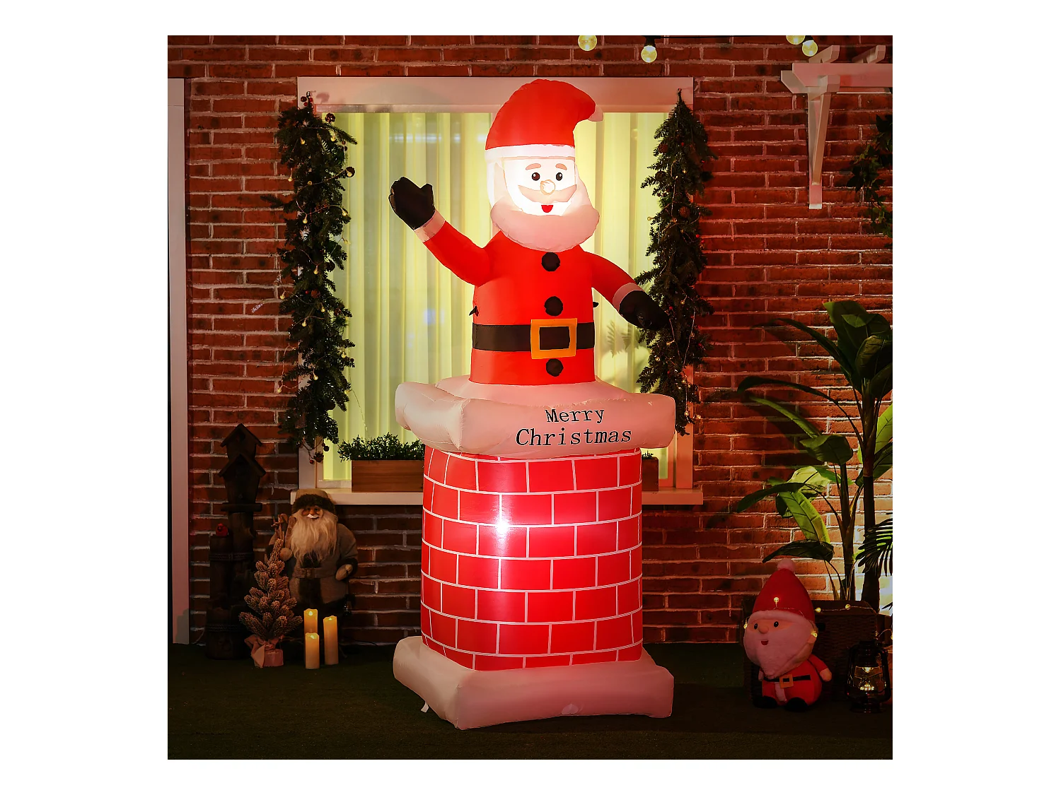 Père Noël gonflable avec cheminée lumineux LED hauteur 210 cm polyester imperméable rouge blanc noir