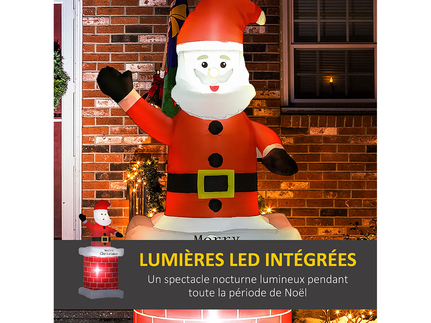 Père Noël gonflable avec cheminée lumineux LED hauteur 210 cm polyester imperméable rouge blanc noir