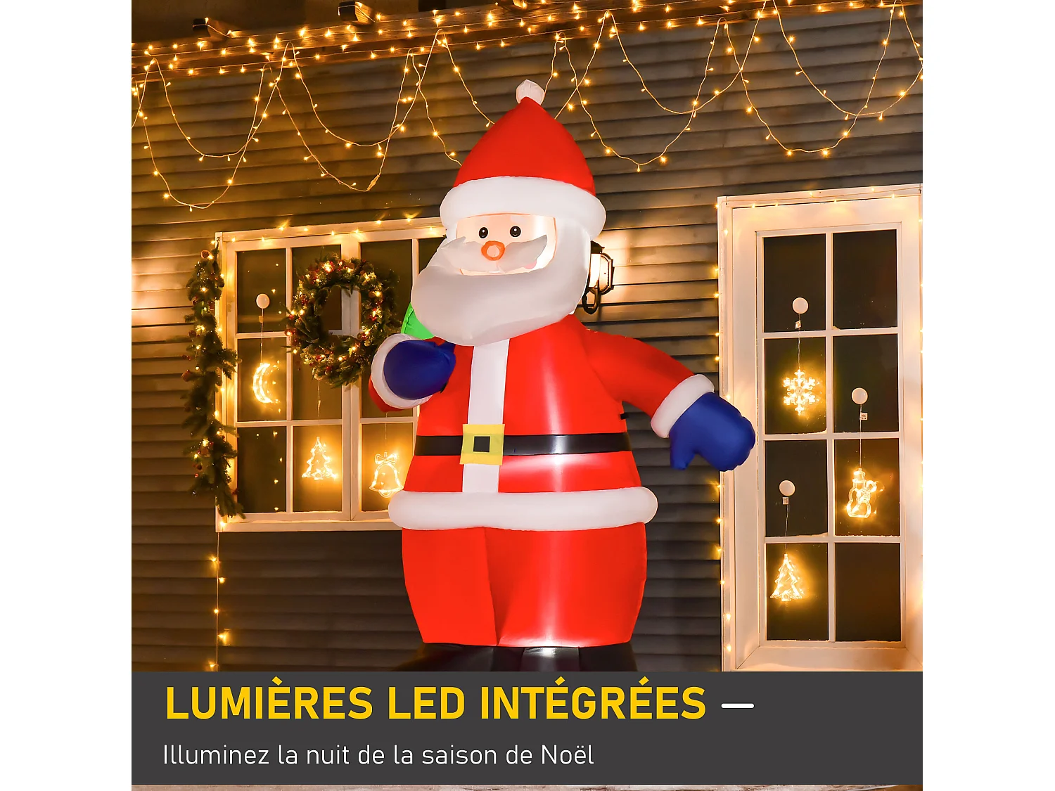 Père Noël gonflable LED 2,4H m avec hotte polyester imperméable rouge