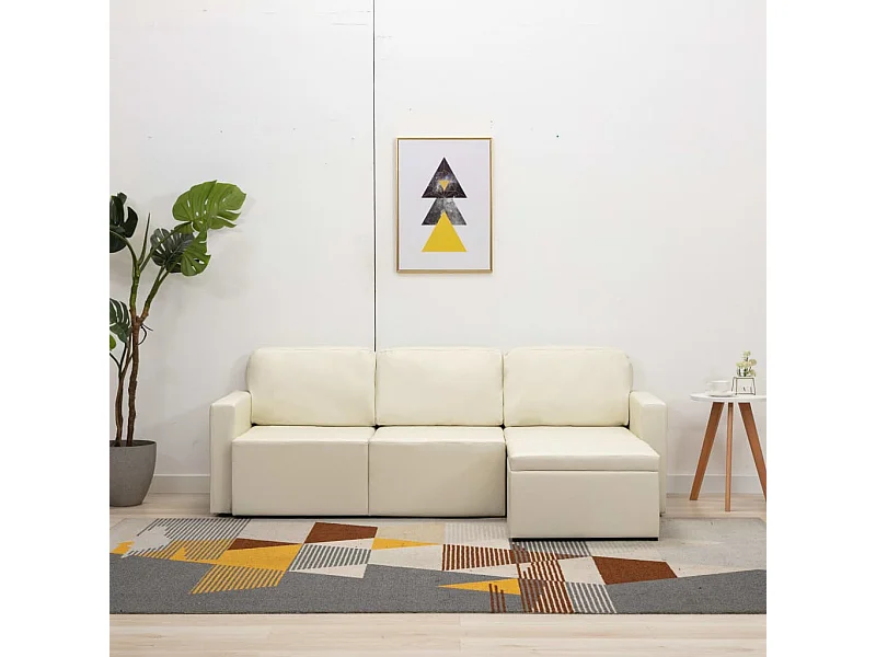 Modulares 3-Sitzer Schlafsofa Creme Kunstleder