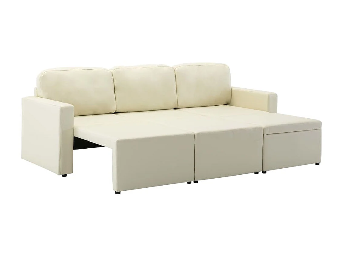 Sofá-cama modular de 3 lugares couro artificial cor creme
