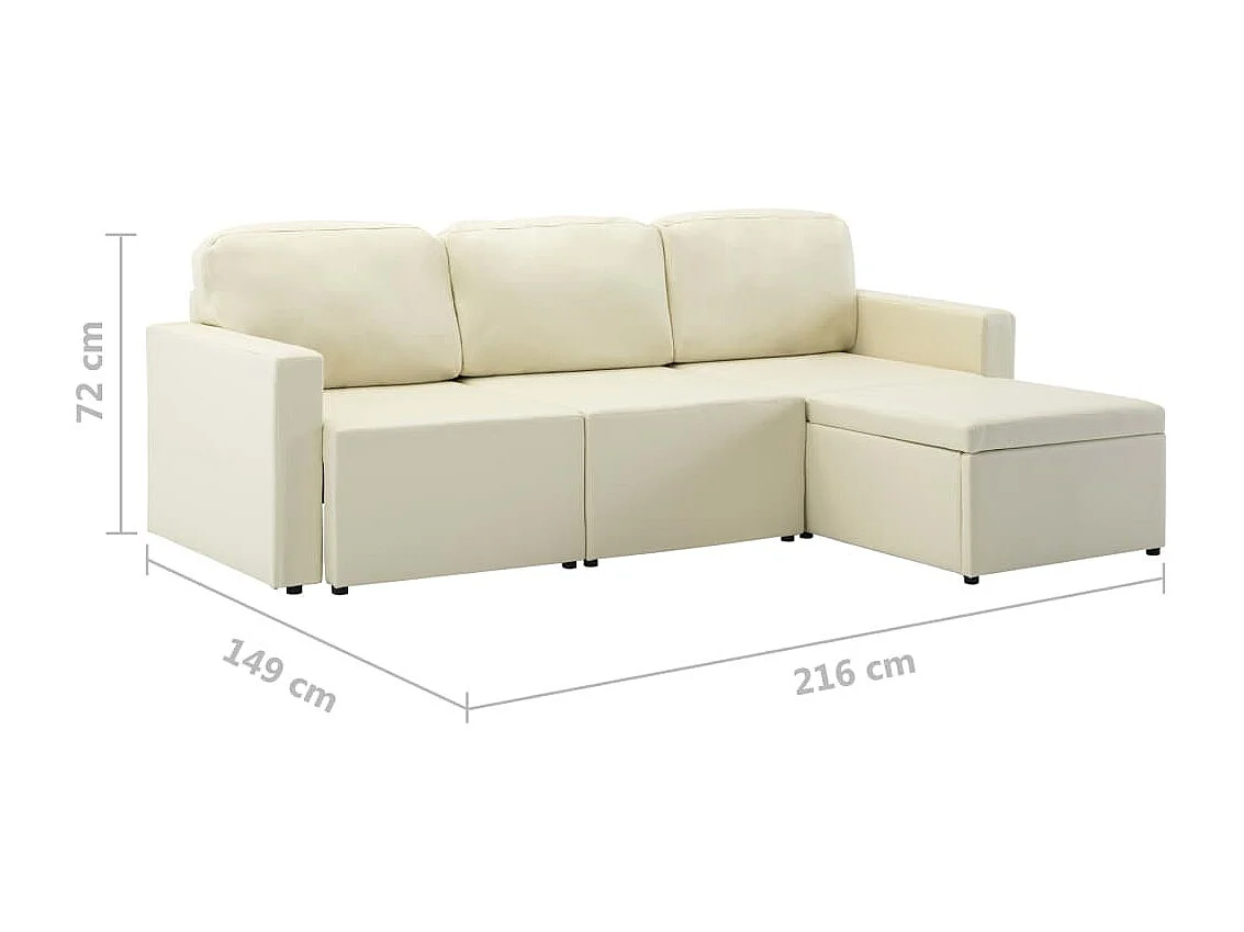Sofá-cama modular de 3 lugares couro artificial cor creme