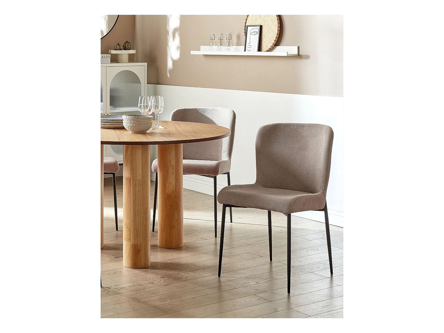 Esszimmerstuhl 2er Set Stoffbezug beige taupe gestrickt Metallbeine schwarz Ada