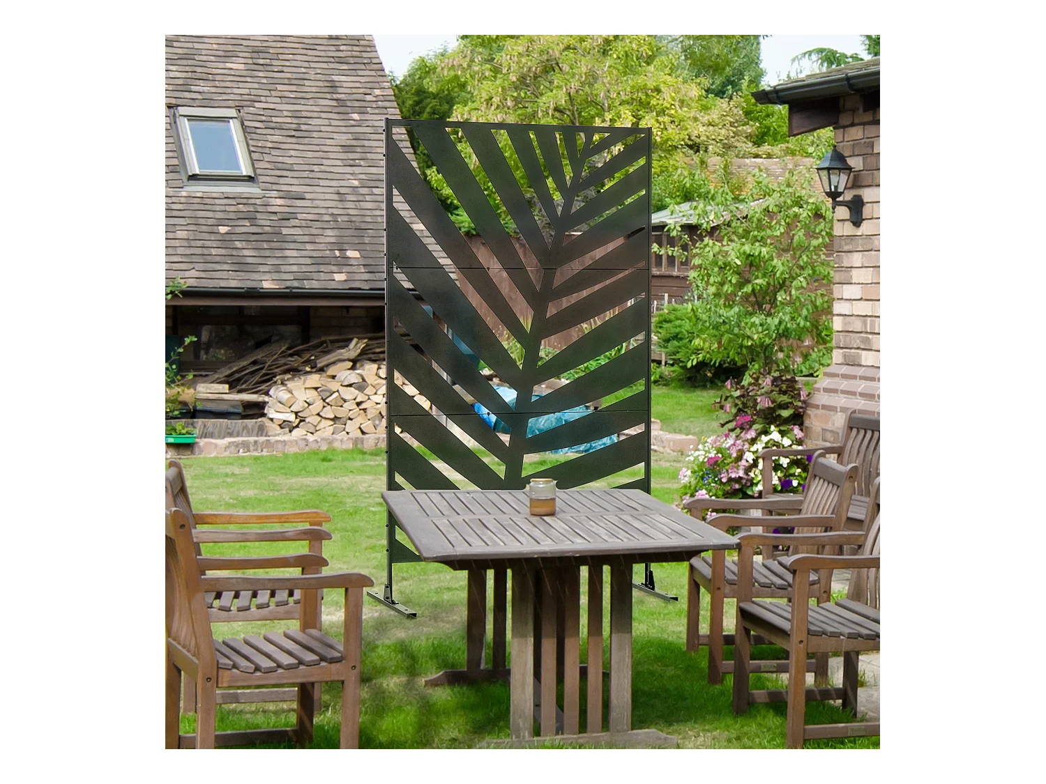Panneau décoratif extérieur métal - brise vue motif feuilles - visserie incluse - dim. 122L x 45l x 198H cm - acier thermolaqué noir