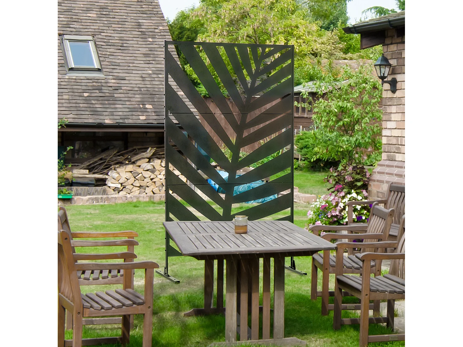 Panneau décoratif extérieur métal - brise vue motif feuilles - visserie incluse - dim. 122L x 45l x 198H cm - acier thermolaqué noir