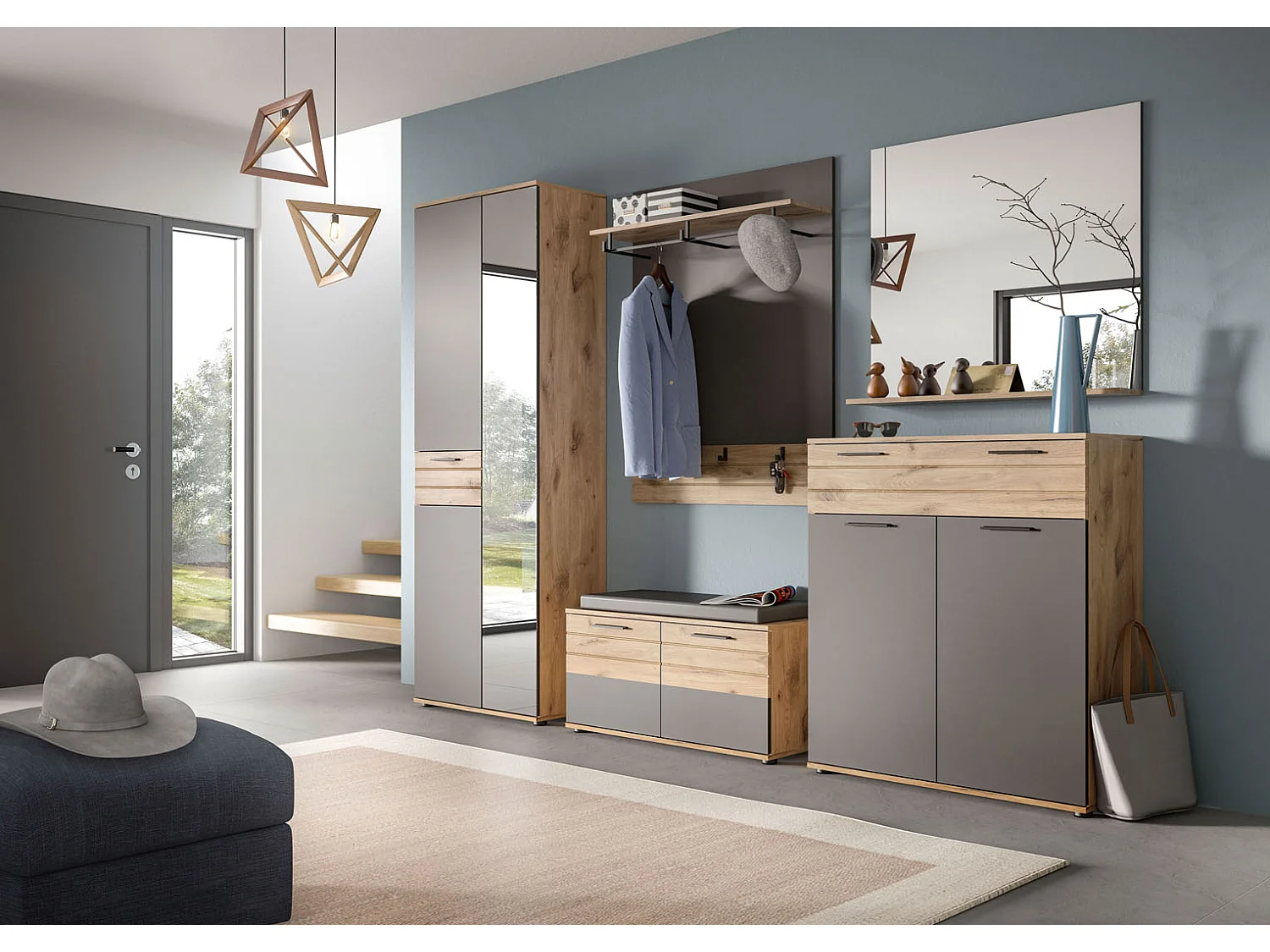 Mason miroir avec étagère chêne décor.