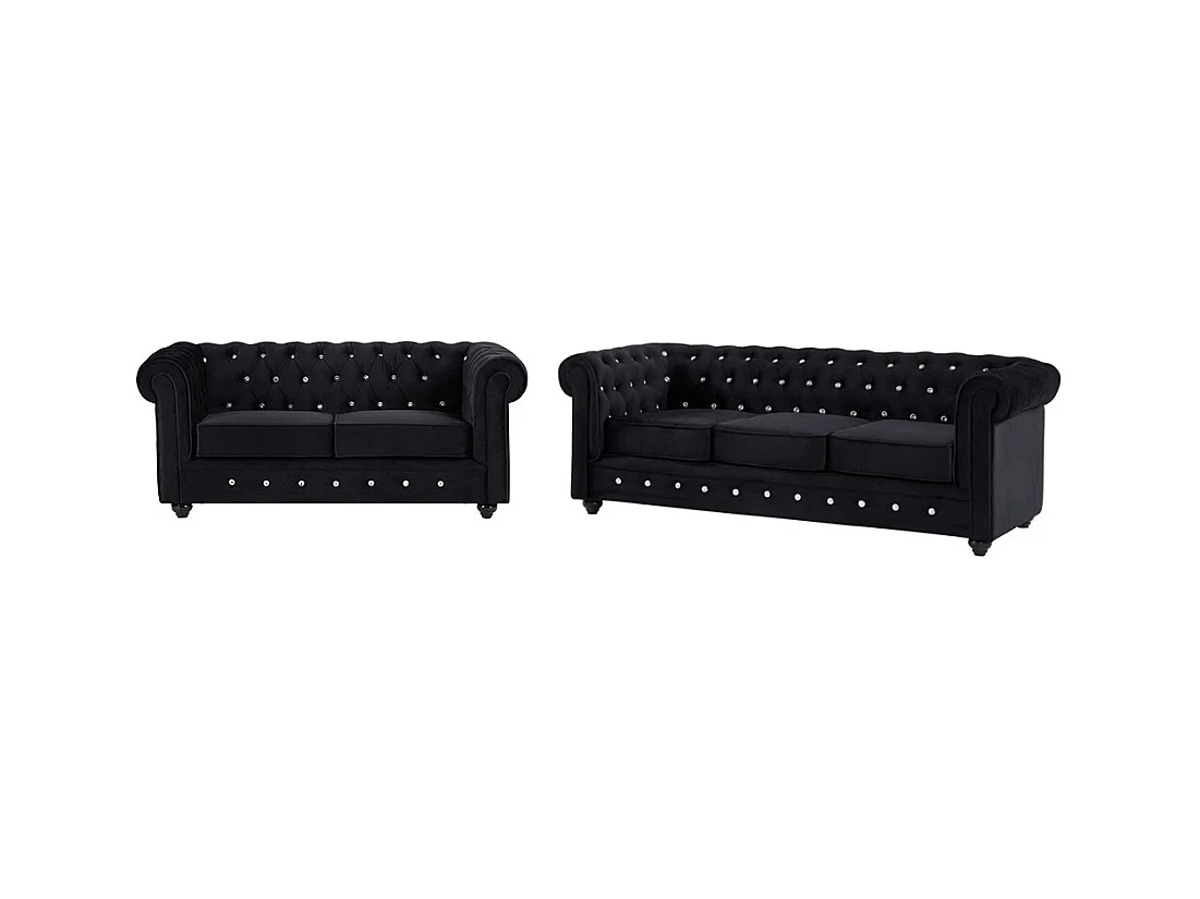 Canapés 3 places et 2 places en velours noir et boutons effet cristal CHESTERFIELD