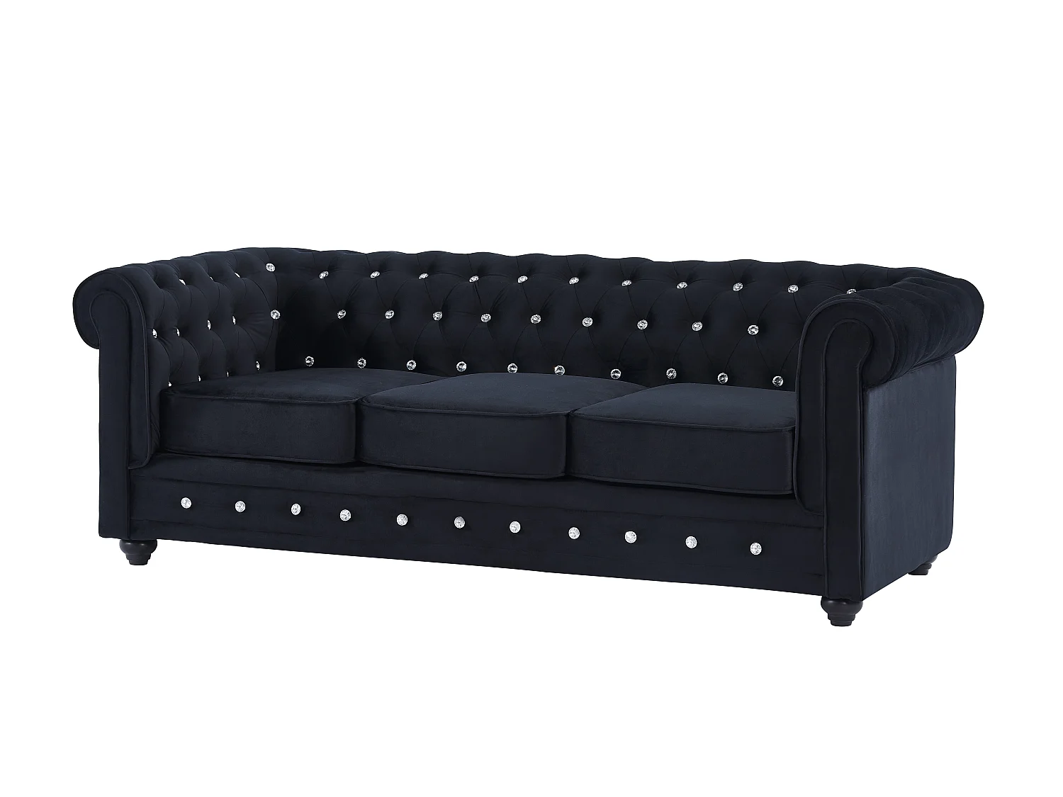 Canapés 3 places et 2 places en velours noir et boutons effet cristal CHESTERFIELD