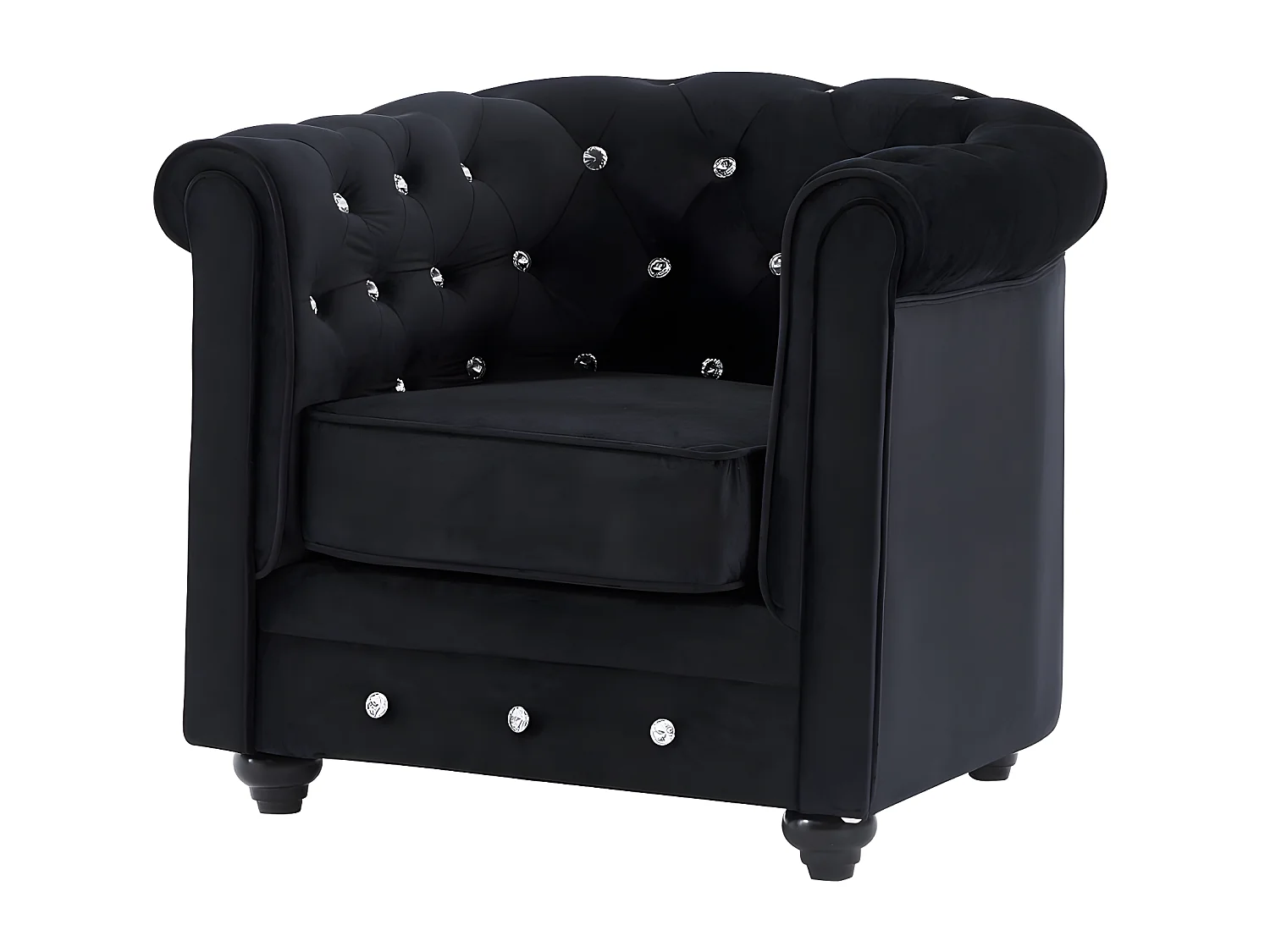 Canapés 3 places, 2 places et fauteuil en velours noir et boutons effet cristal CHESTERFIELD