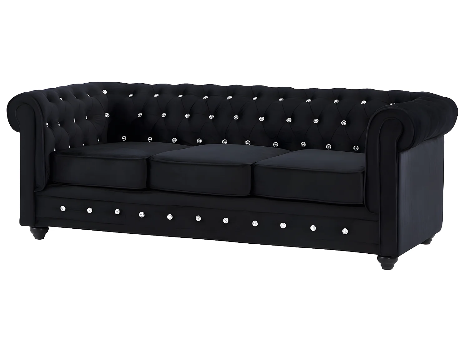 Canapés 3 places, 2 places et fauteuil en velours noir et boutons effet cristal CHESTERFIELD