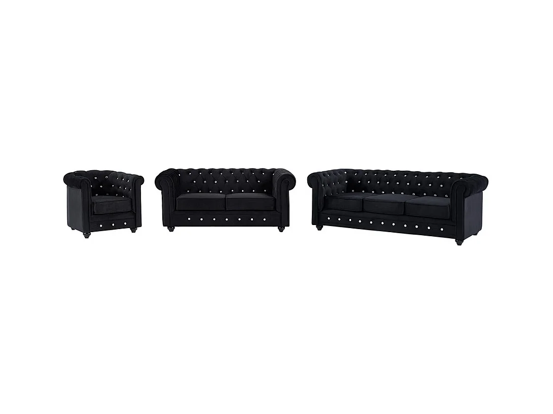 Canapés 3 places, 2 places et fauteuil en velours noir et boutons effet cristal CHESTERFIELD