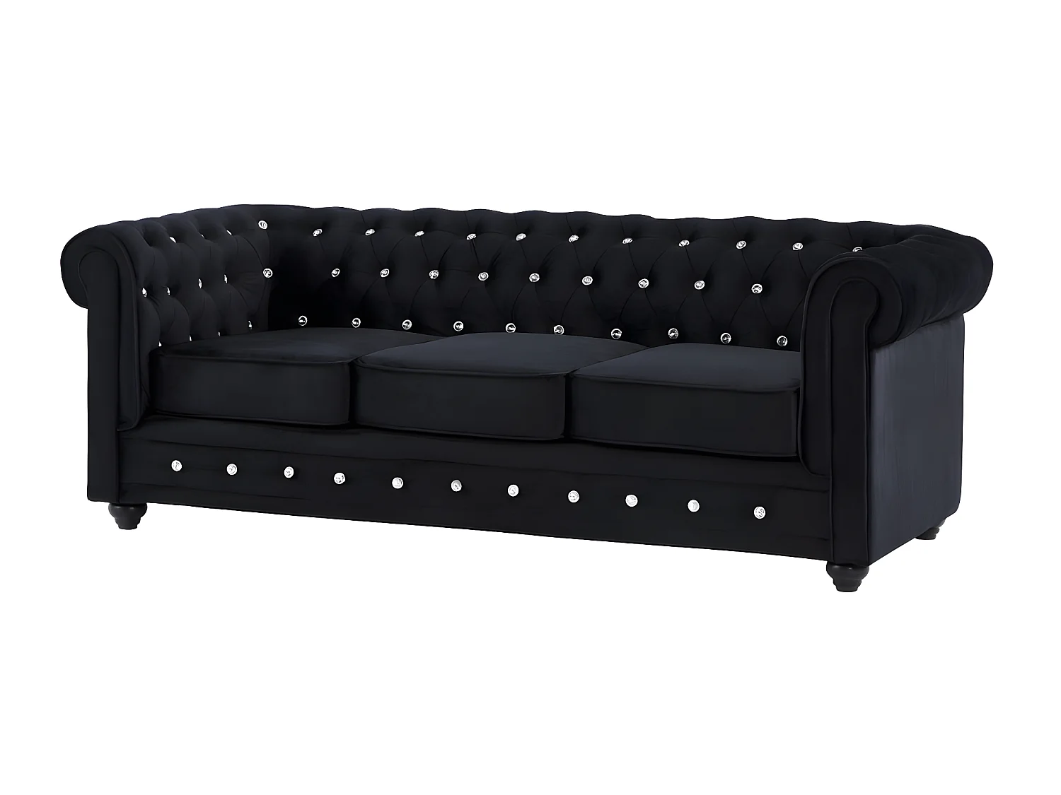 Divano 3 posti, 2 posti e poltrona in Velluto Nero e bottoni effetto cristallo - CHESTERFIELD