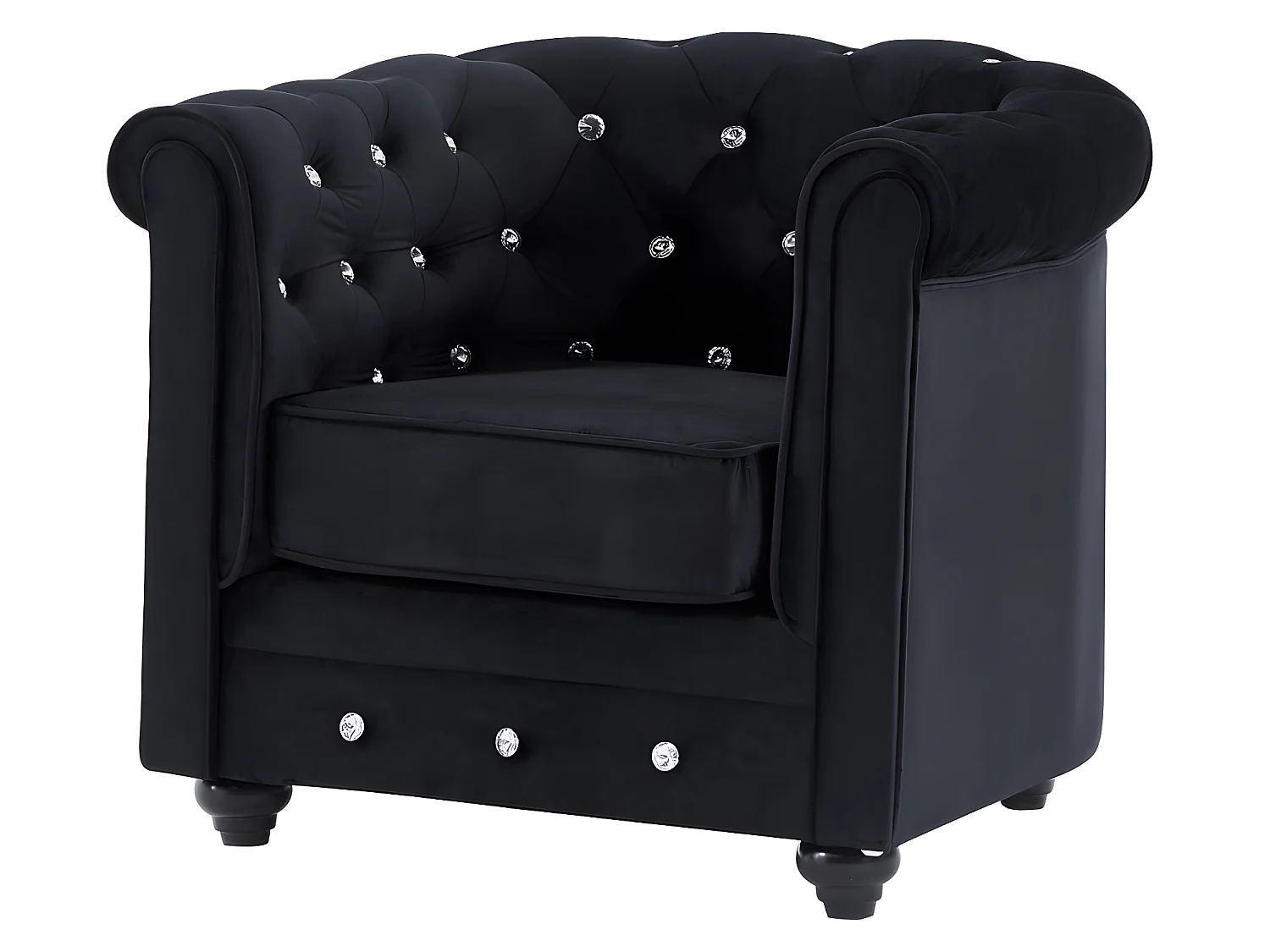 Canapés 3 places, 2 places et fauteuil en velours noir et boutons effet cristal CHESTERFIELD