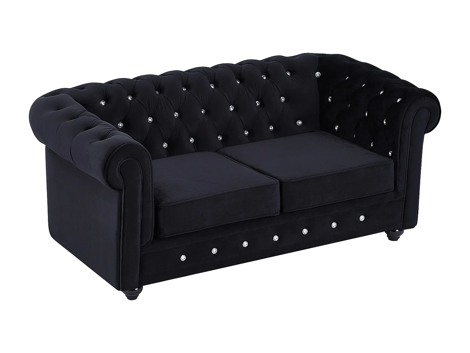 Canapés 3 places, 2 places et fauteuil en velours noir et boutons effet cristal CHESTERFIELD