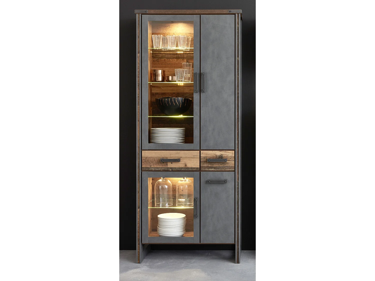 Prip Vitrinenschrank 2 Türen und 2 Schubladen, Old Wood Dekor, Matera Dekor.