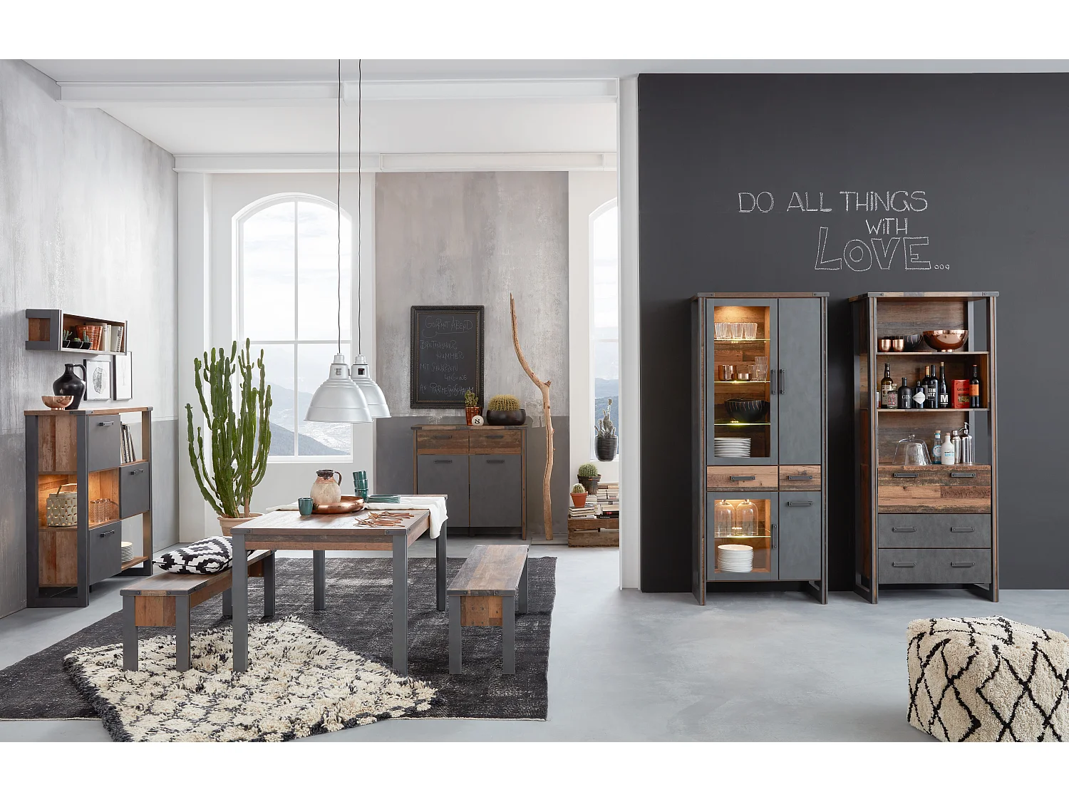 Prip Vitrinenschrank 2 Türen und 2 Schubladen, Old Wood Dekor, Matera Dekor.