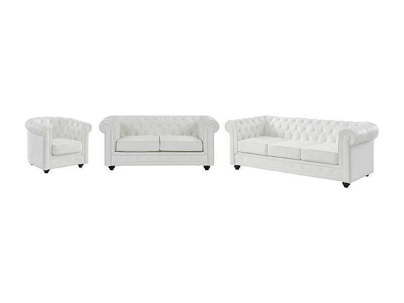 Canapés 3 places, 2 places et fauteuil en simili blanc CHESTERFIELD