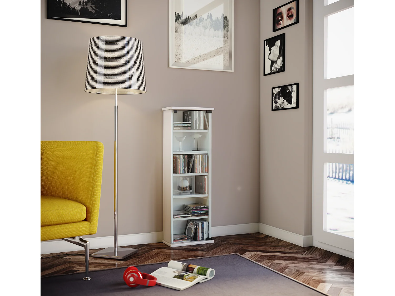 CD / DVD Media Shelf Vetro White H. 92 x W. 31 x D. 18 cm