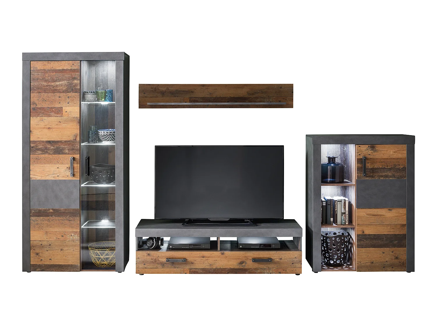 Irina wandkast opstelling incl verlichting voor glazen planken, grijs Matera Old Wood decor.