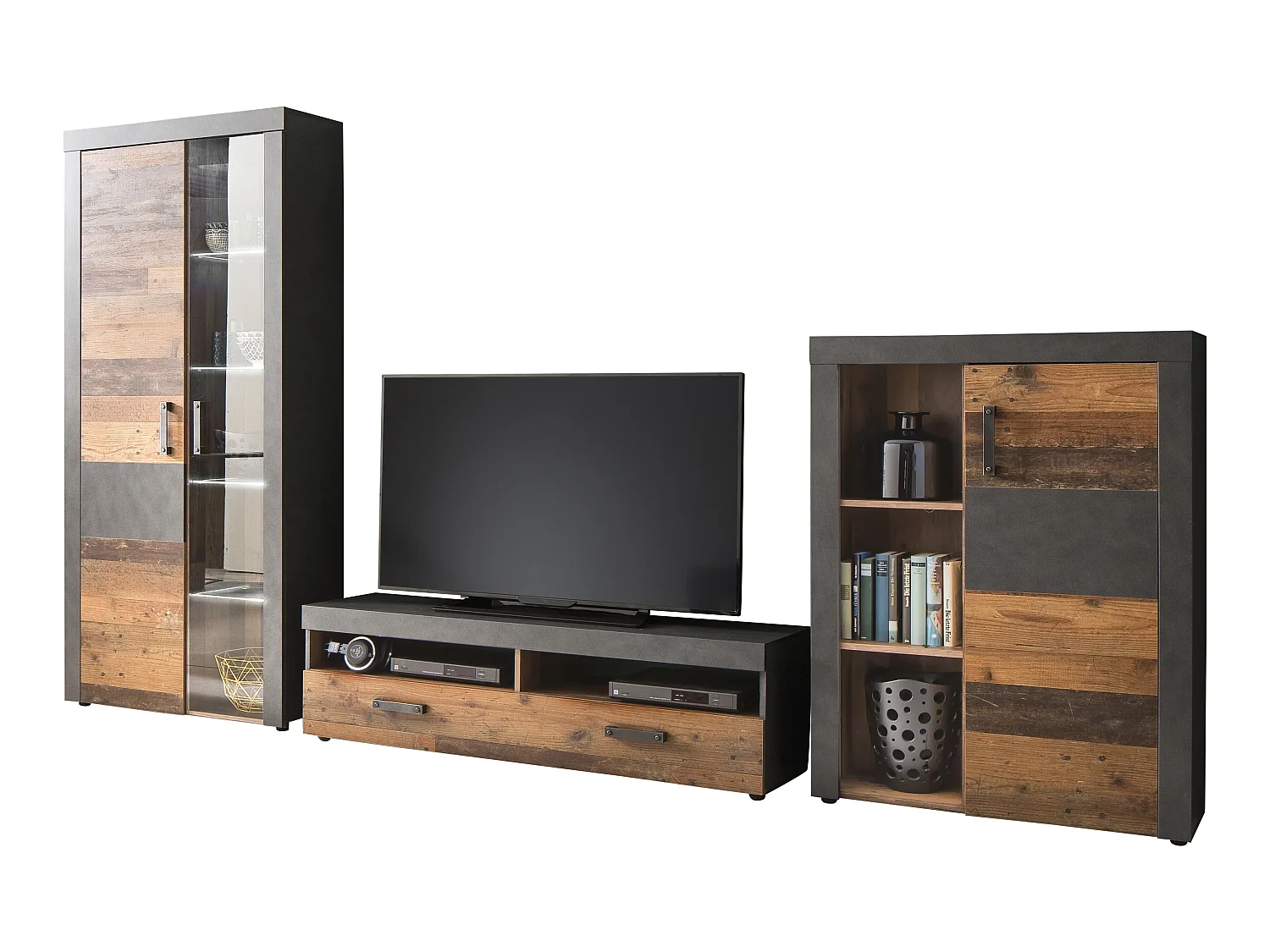 Irina wandkast opstelling incl verlichting voor glazen planken, grijs Matera Old Wood decor.