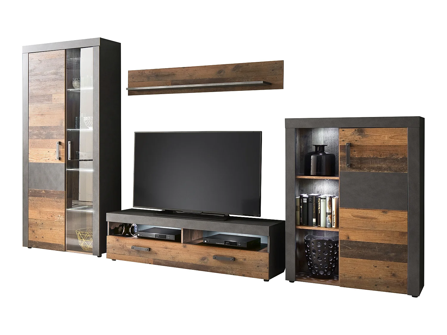 Irina wandkast opstelling incl verlichting voor glazen planken, grijs Matera Old Wood decor.