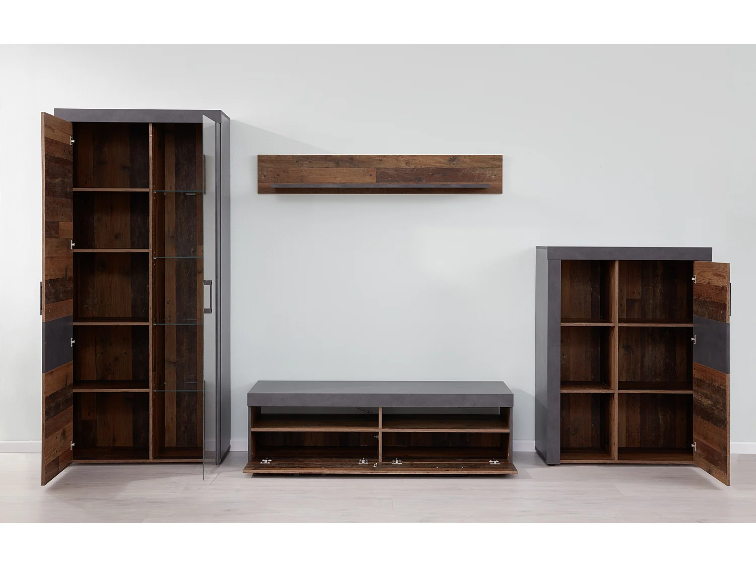 Irina wandkast opstelling incl verlichting voor glazen planken, grijs Matera Old Wood decor.