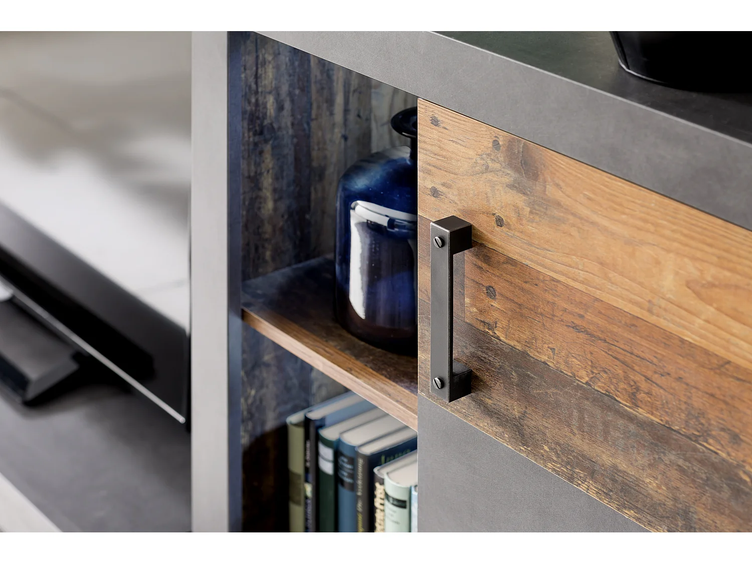 Irina wandkast opstelling incl verlichting voor glazen planken, grijs Matera Old Wood decor.