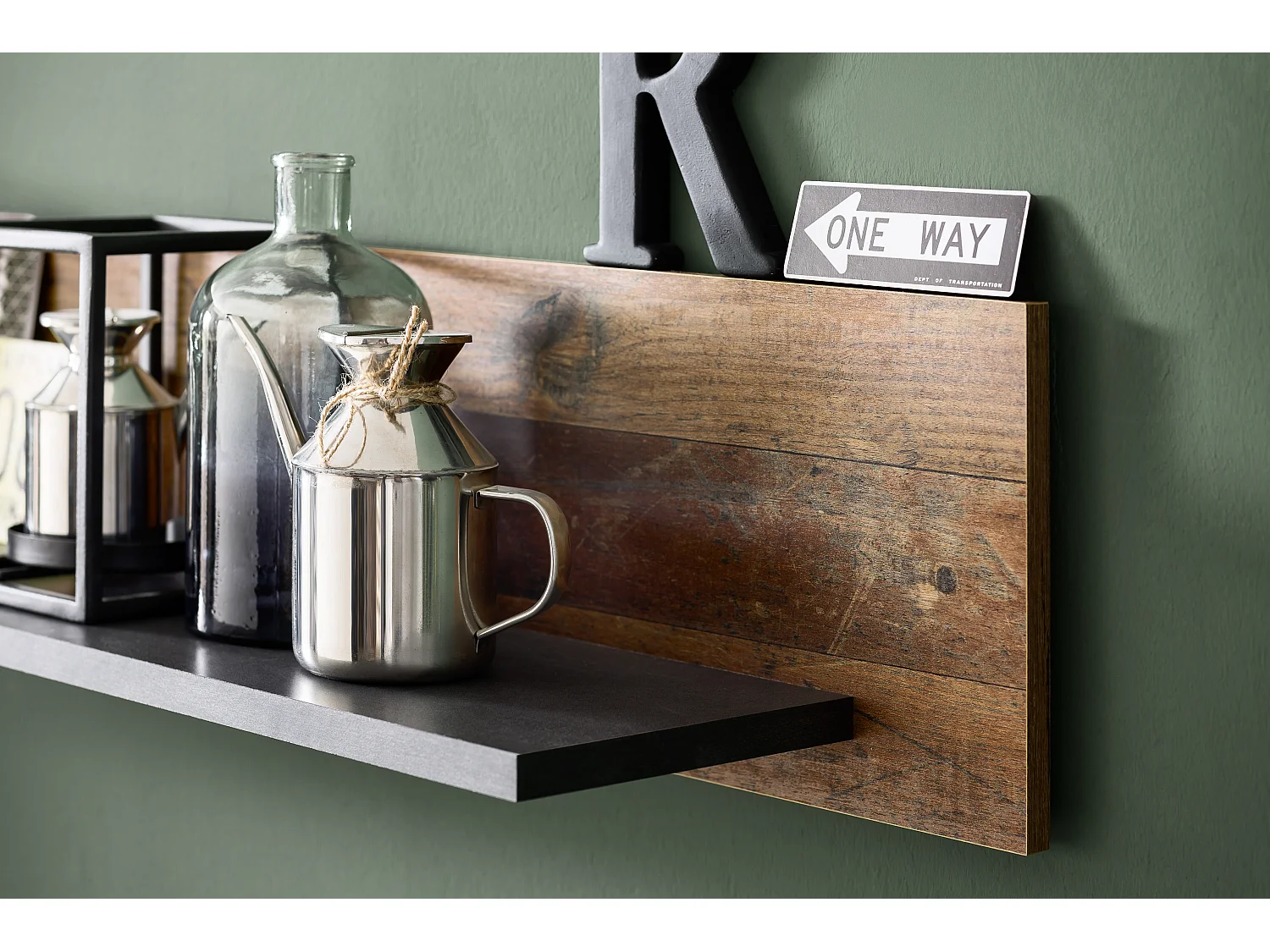 Irina wandkast opstelling incl verlichting voor glazen planken, grijs Matera Old Wood decor.