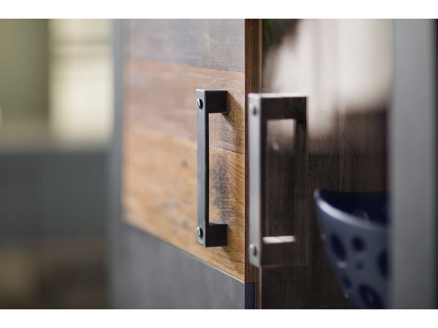 Irina wandkast opstelling incl verlichting voor glazen planken, grijs Matera Old Wood decor.