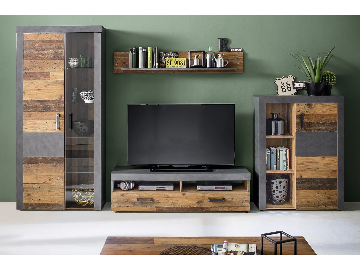 Irina wandkast opstelling incl verlichting voor glazen planken, grijs Matera Old Wood decor.