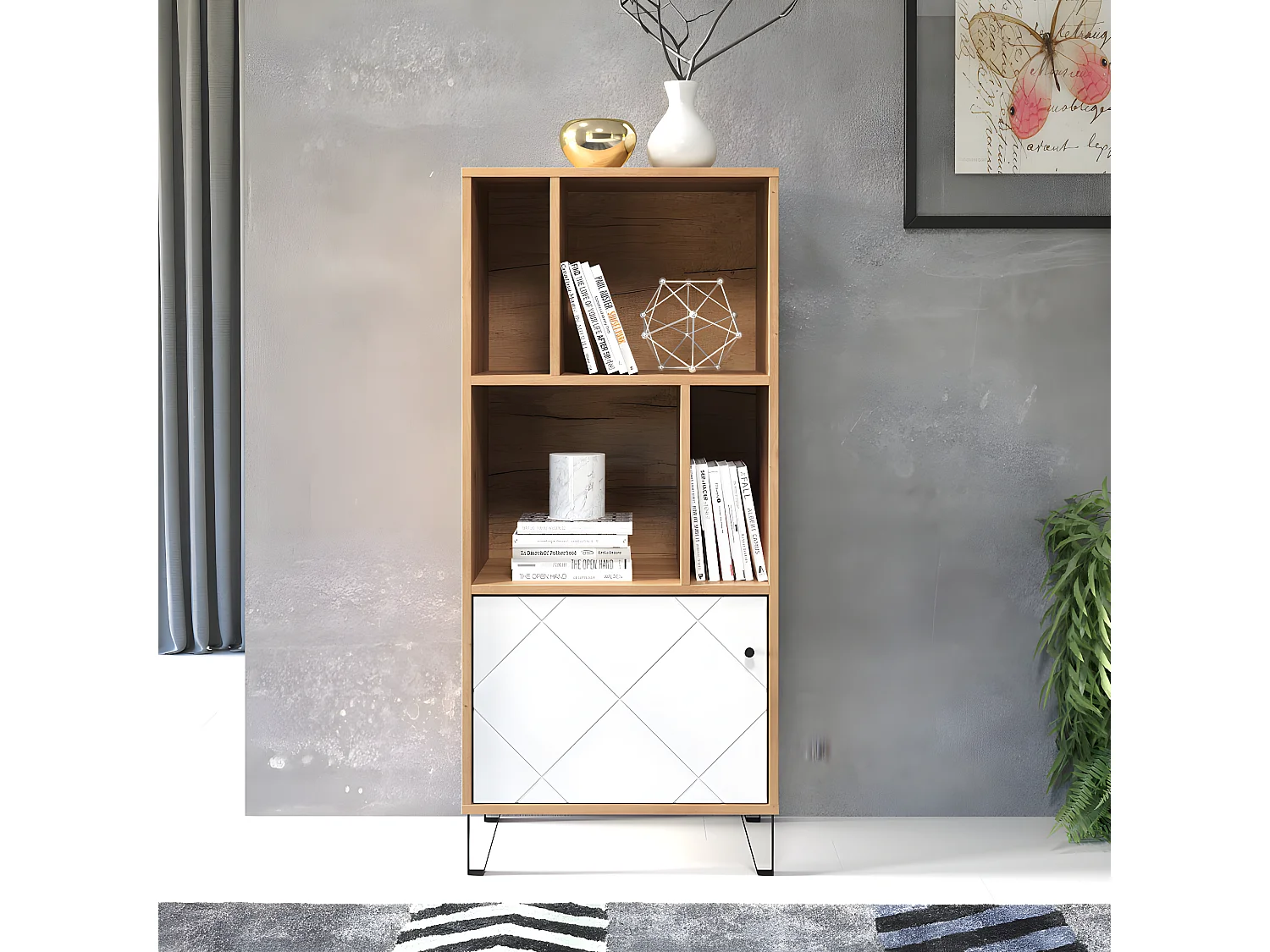 Touch Étagère 1 porte, 4 espaces ouverts, finition chêne, blanc mat.