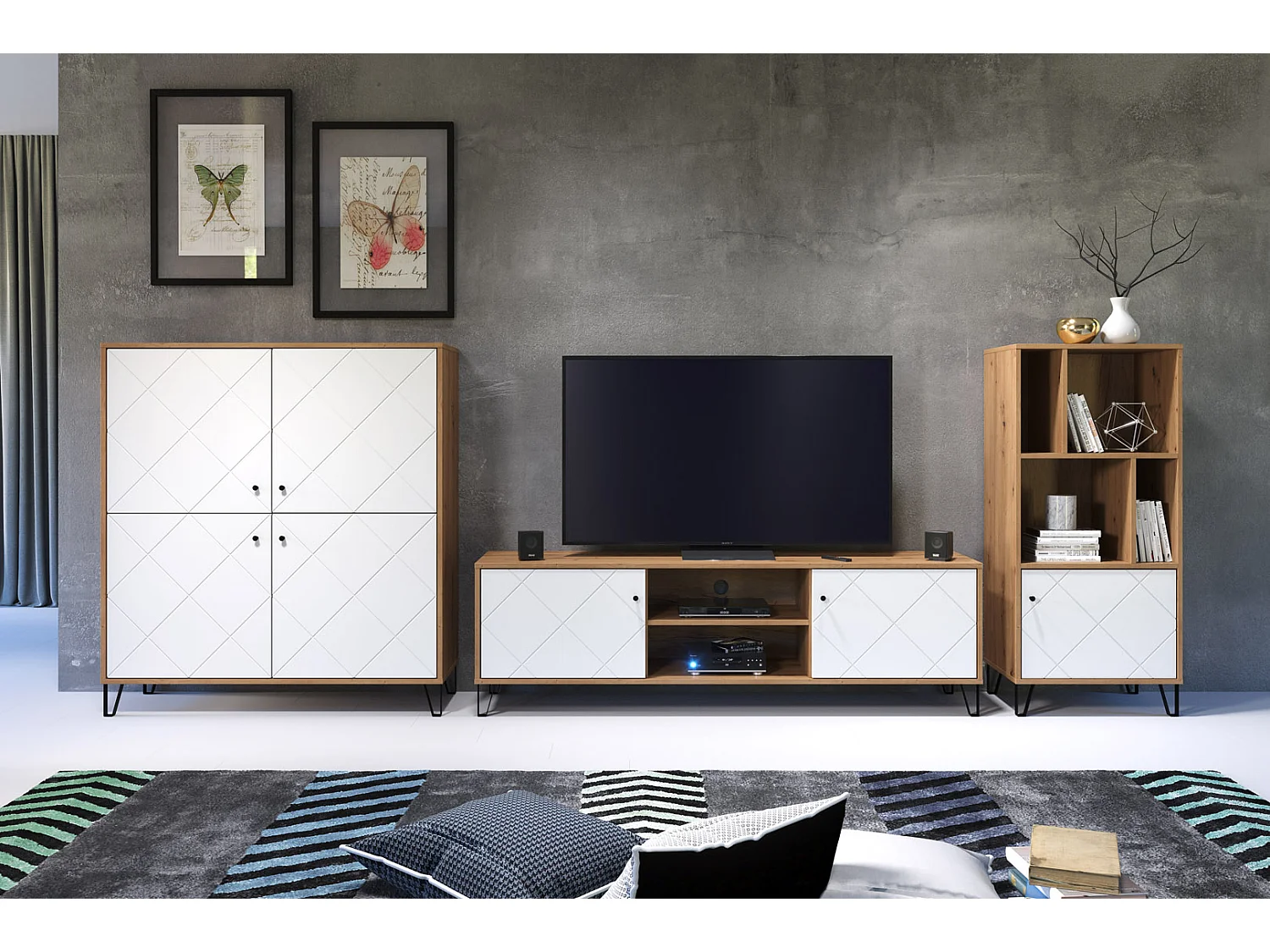 Touch Étagère 1 porte, 4 espaces ouverts, finition chêne, blanc mat.