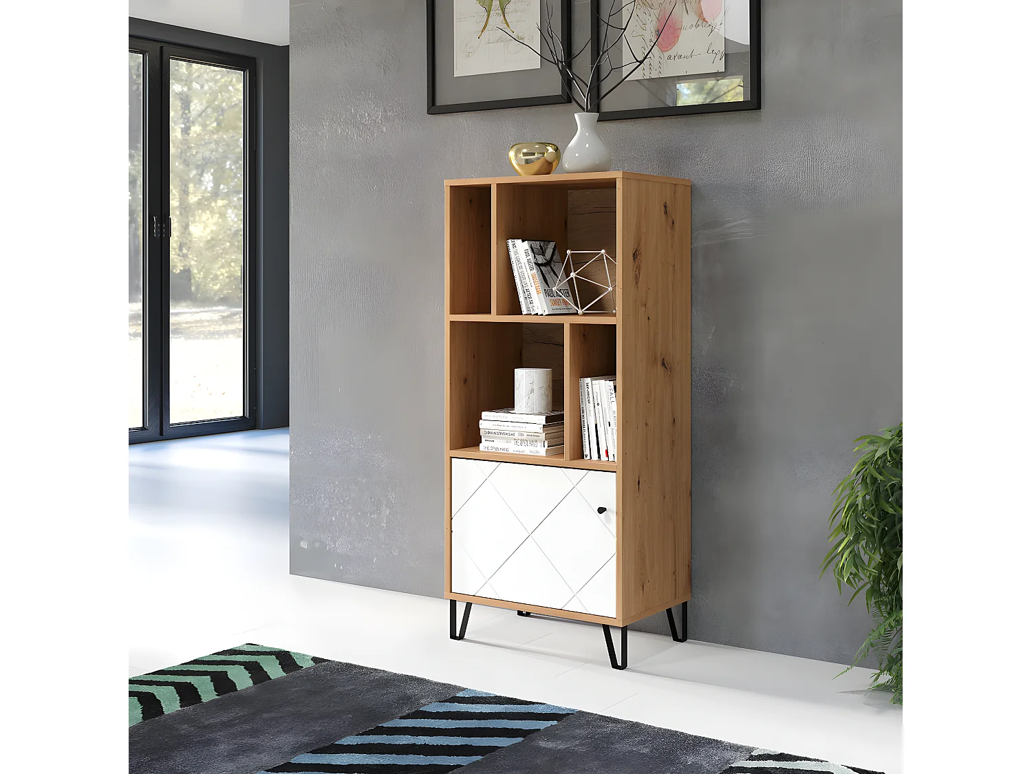 Touch wandkast 1 deur, 4 open vakken eiken decor, wit mat.