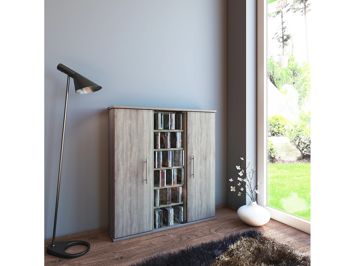 Holz CD DVD Stand Regal Schrank Santo Glastür