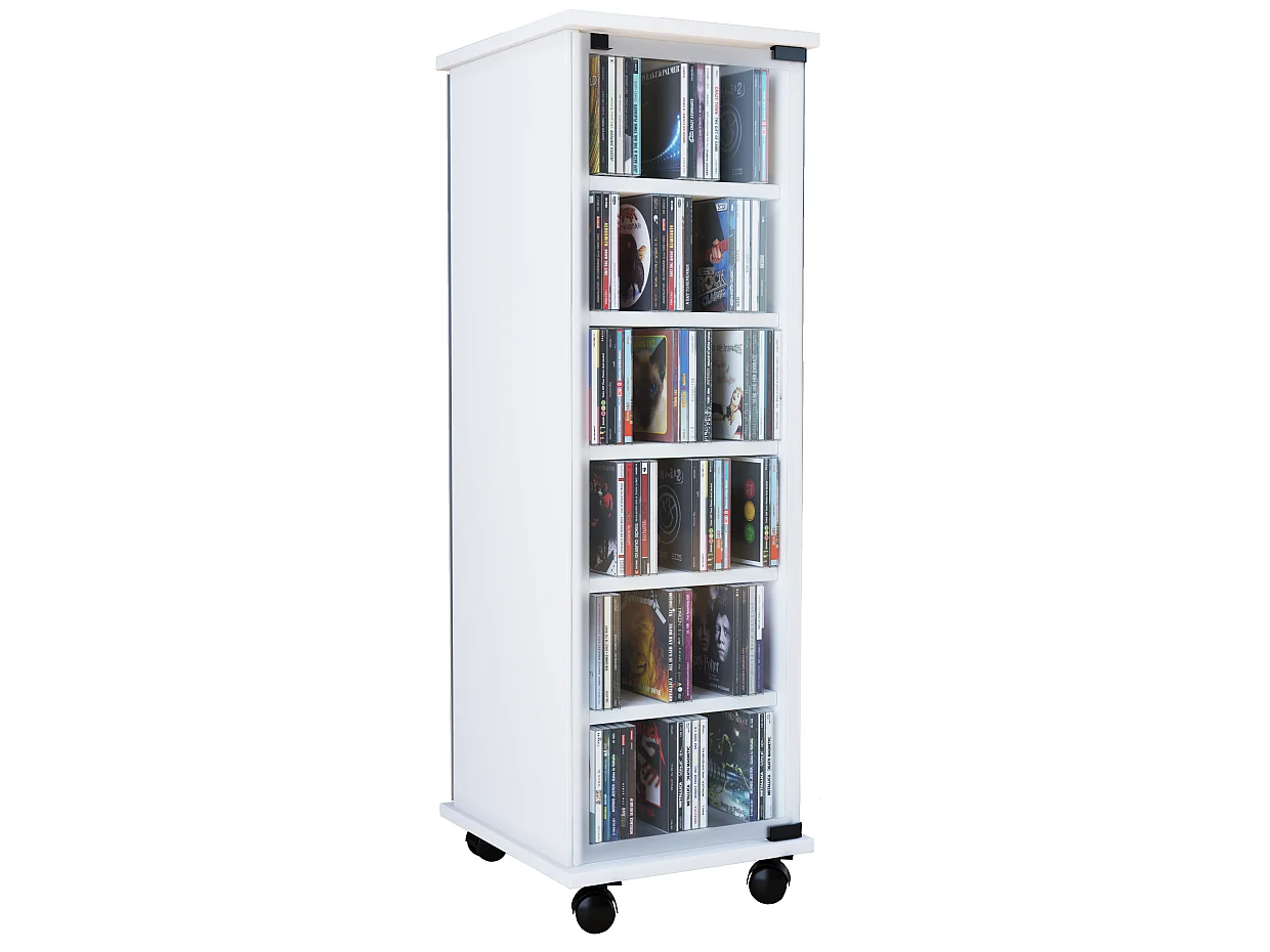 Valenza Étagère sur roulettes, 2 portes vitrée, à 12 compartiments, blanc.