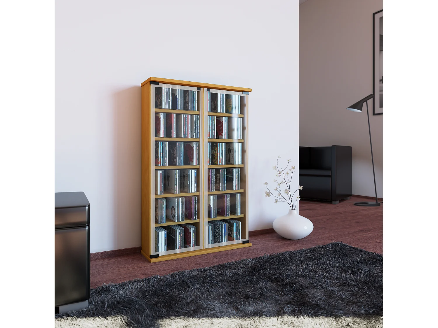 Holz CD DVD Stand Regal Schrank Galerie Glastür