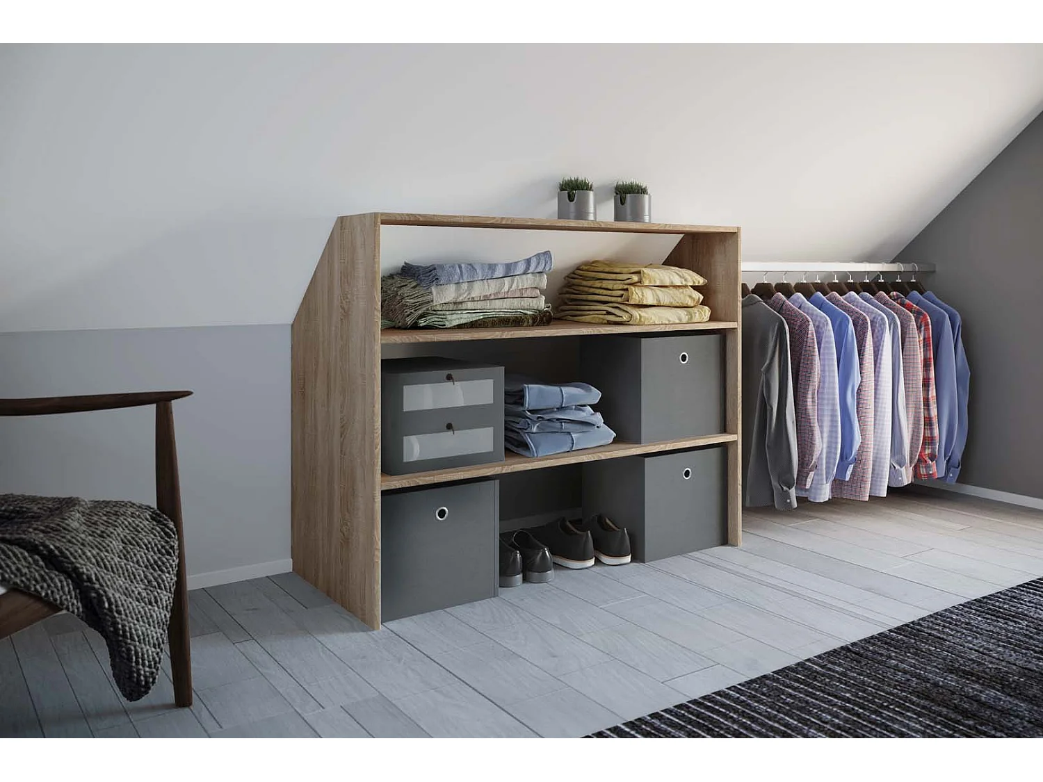 Dacho bibliothèque pour mur en pente 2 tablettes chêne décor.