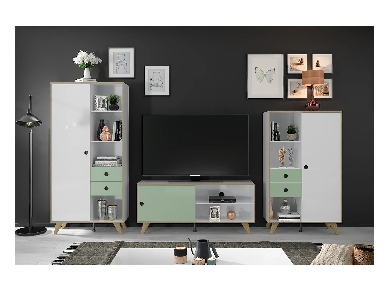 Ensemble meubles de séjour 3 pièces bois blanc, vert et naturel Mélanie